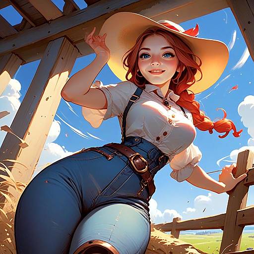 Cheerful Red-Haired Woman in Blue Jeans and Sun Hat Digital Anime Art