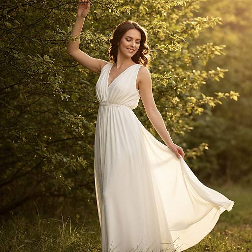 Woman in Flowing White Dress in Sunlit Greenery