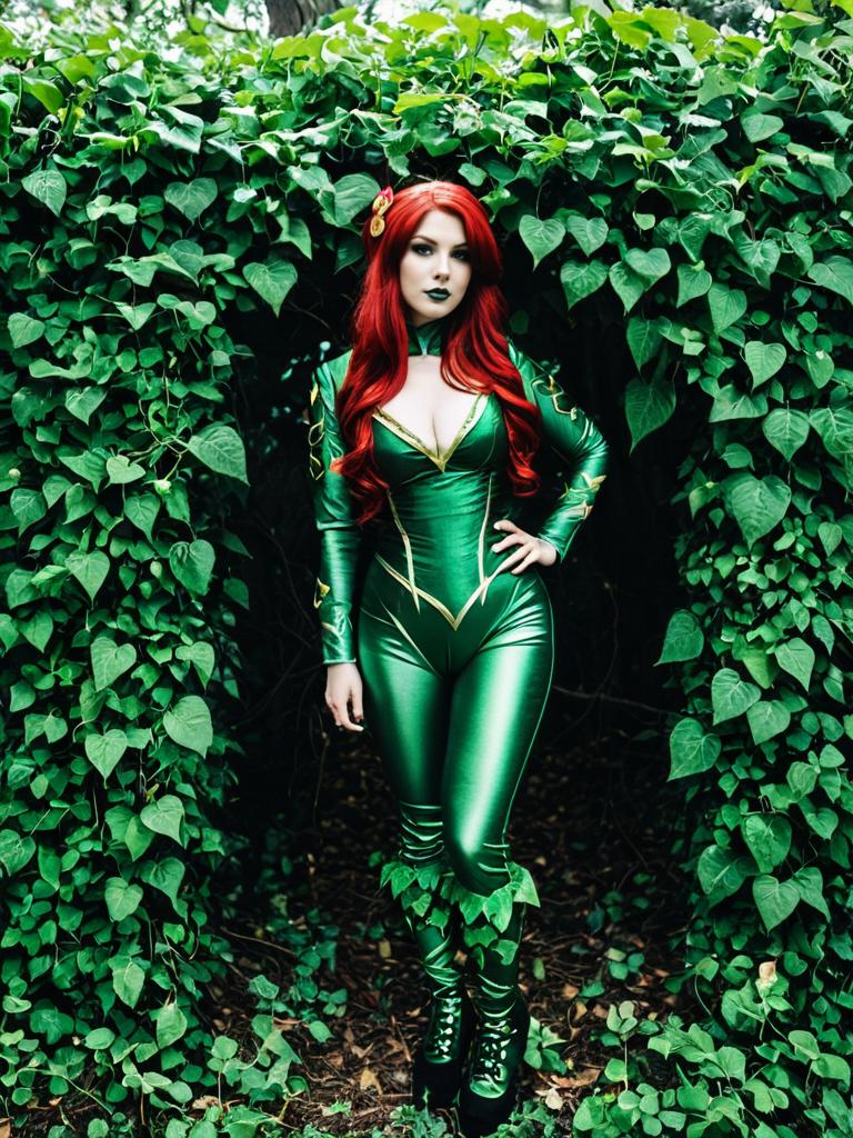 Woman in Full-Body Poison Ivy Cosplay with Vines and Green Foliage