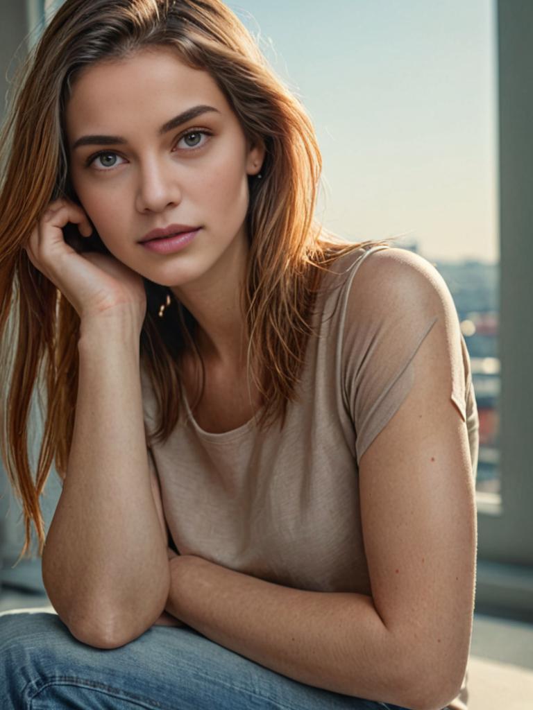 Pensive Young Woman in Casual Beige Top