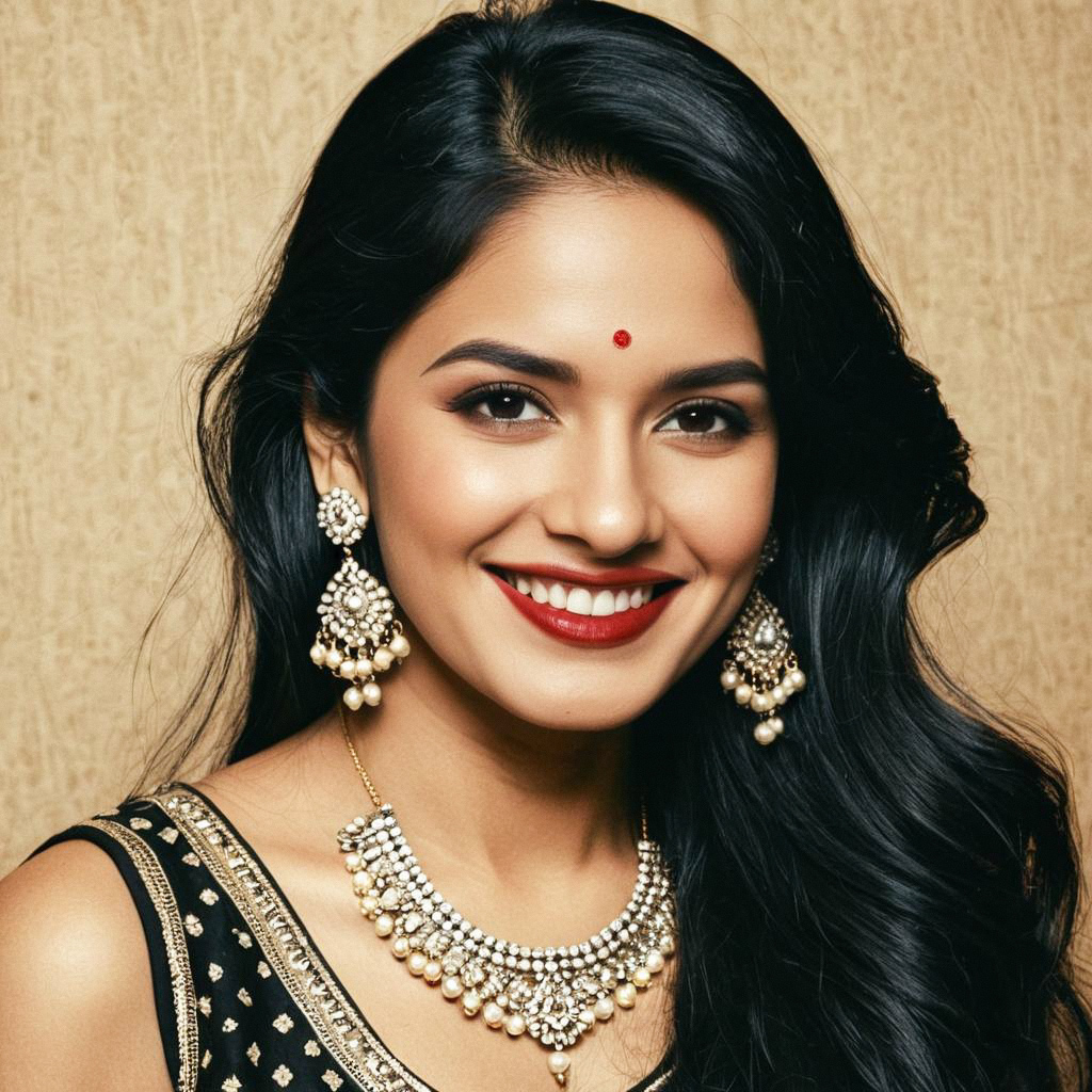 Smiling Woman in Elegant Indo-Western Party Wear with Traditional Jewelry