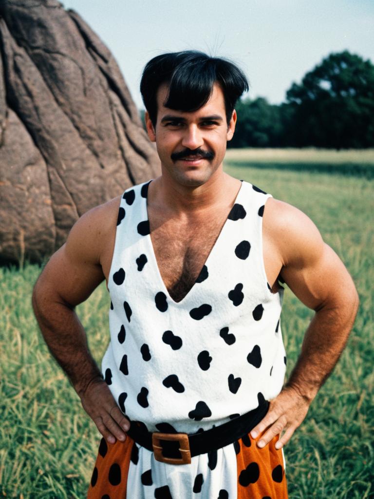 Man in Fred Flintstone Costume Waist Up Editorial Cosplay Portrait