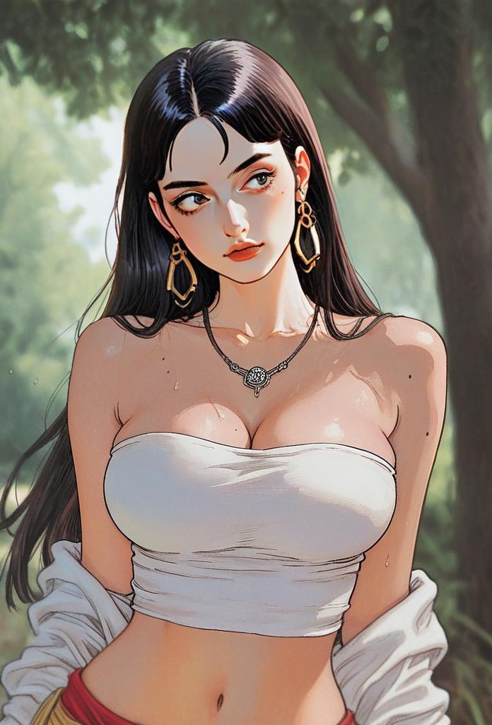 Anime Style Digital Portrait of Woman in White Tube Top Outdoors