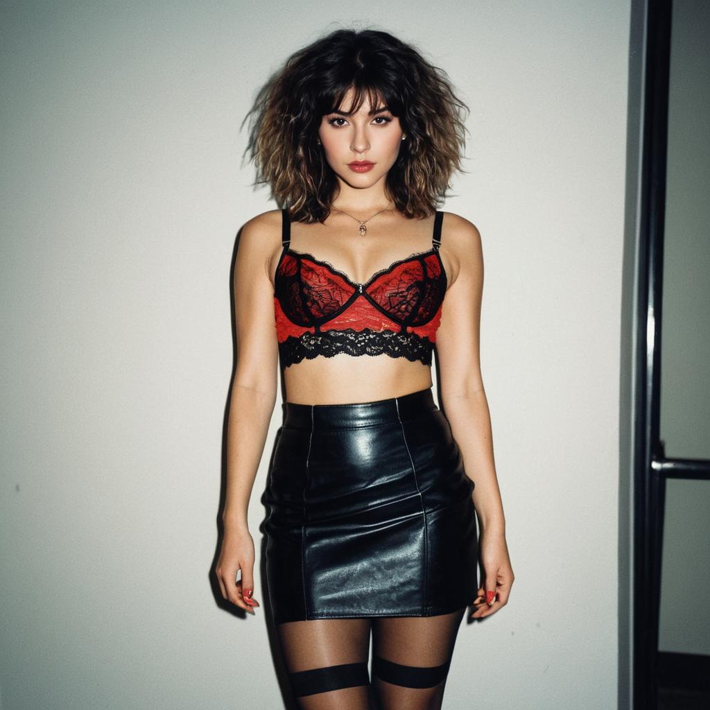 Stylish Woman in Red and Black Lace Bralette with Leather Skirt
