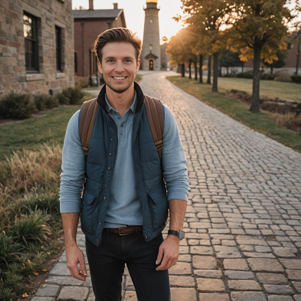 Stylish Man on Cobblestone Path with Lighthouse