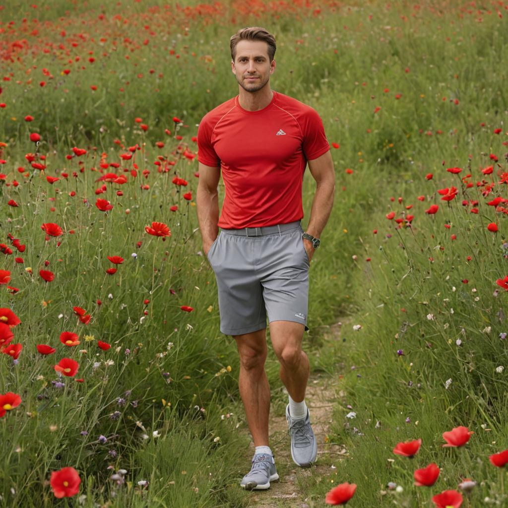 Man in Red T-Shirt in Poppy Field