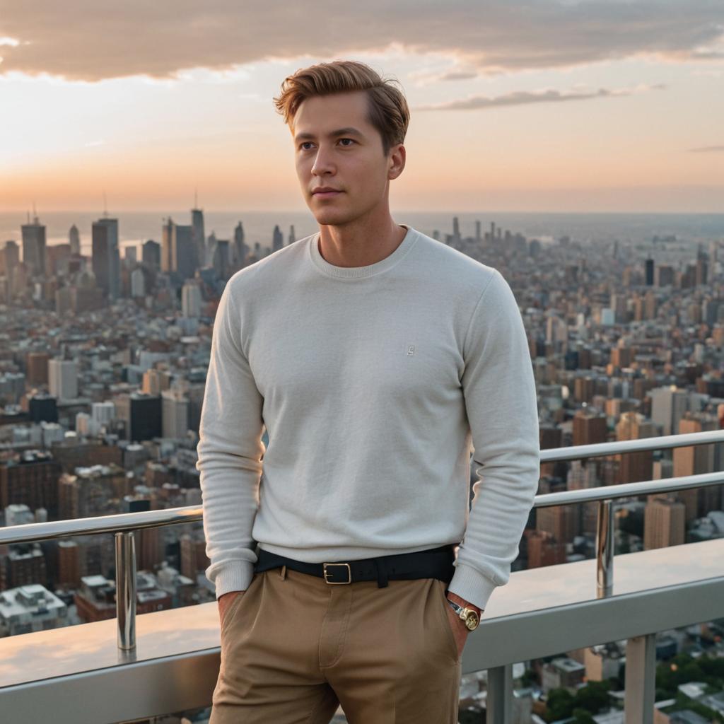 Confident Man Against Urban Skyline at Sunset