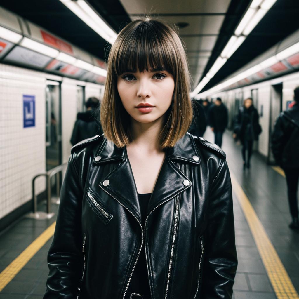 Young Woman in Black Leather Jacket at Urban Subway Station