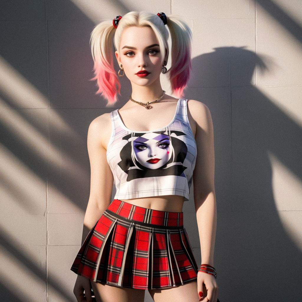 Harley Quinn Inspired Costume with Cropped Top and Plaid Skirt