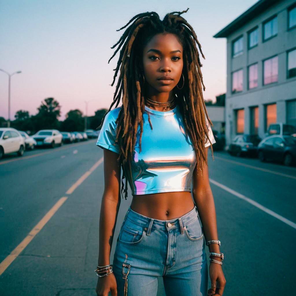 Young Woman in Metallic Crop Top Fashion Street Style Portrait