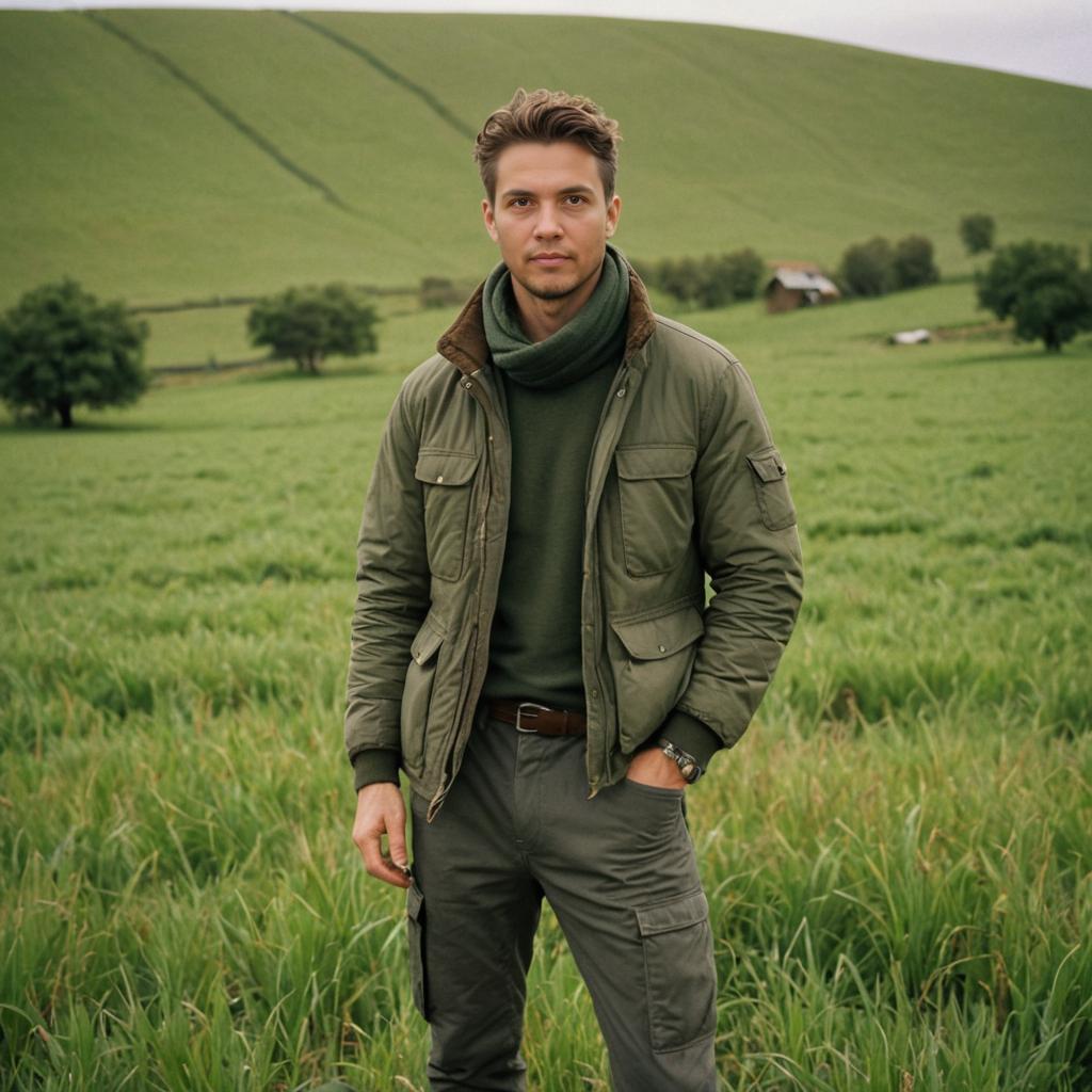 Stylish Military-Inspired Man in Green Field