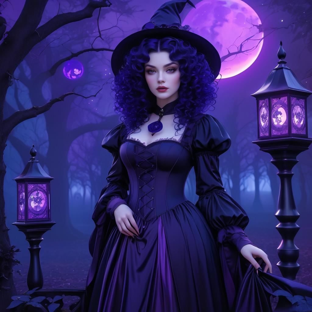 Mysterious Woman in Gothic Costume with Purple Lanterns