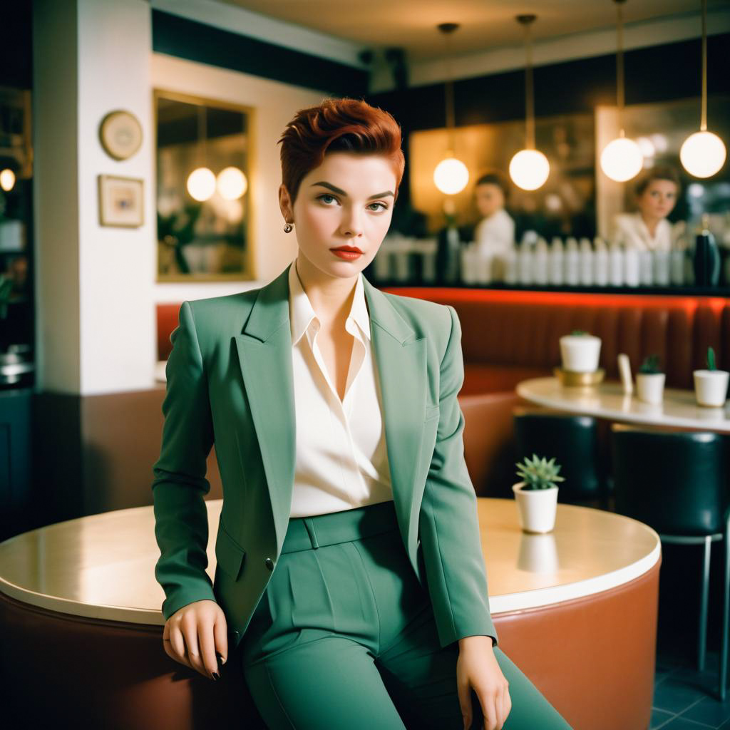 Confident Woman in Green Suit at Modern Café