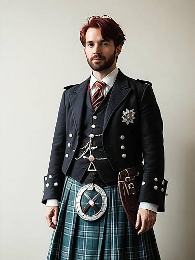 Man in Traditional Scotsman Costume with Tartan Kilt and Formal Jacket