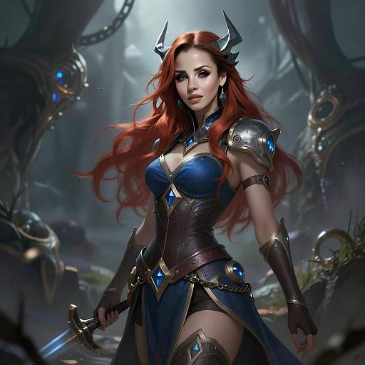 Red-Haired Fantasy Woman Warrior with Armor and Sword in Mystical Setting