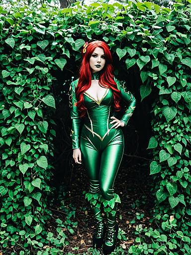 Woman in Full-Body Poison Ivy Cosplay with Vines and Green Foliage