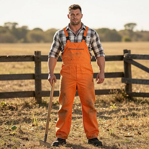 Rugged Farmer in Orange Overalls Holding Hoe in Rural Field
