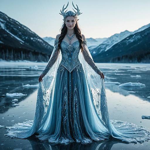 Fantasy Ice Queen Woman Standing on Frozen Lake in Winter Landscape