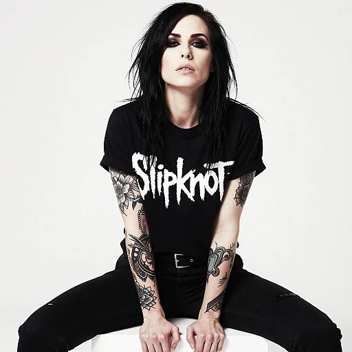 Alternative Woman Wearing Slipknot T-Shirt with Tattoos