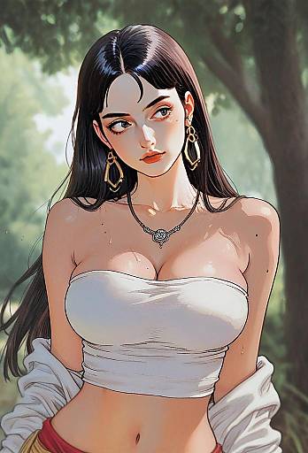Anime Style Digital Portrait of Woman in White Tube Top Outdoors