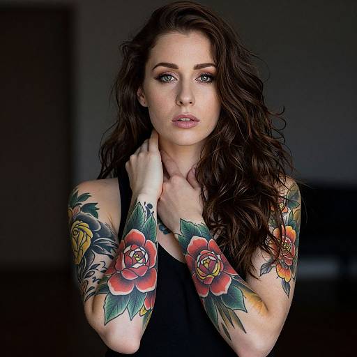 Portrait of Woman with Vibrant Traditional Rose Tattoos on Forearms