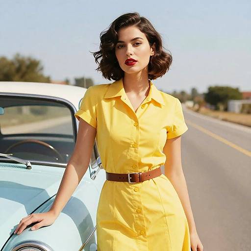 Young Woman in Yellow Dress by Vintage Car on Open Road
