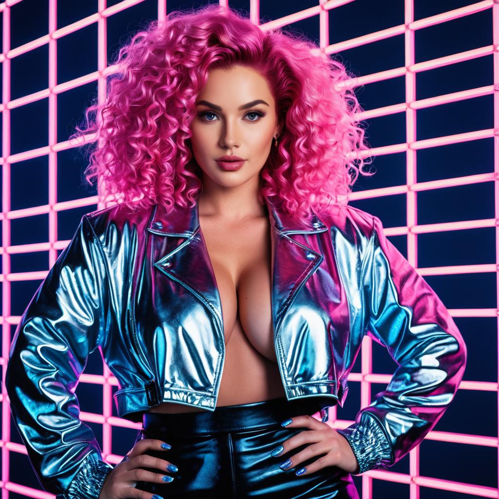 Futuristic Woman with Curly Pink Hair and Metallic Jacket in Neon Grid Background