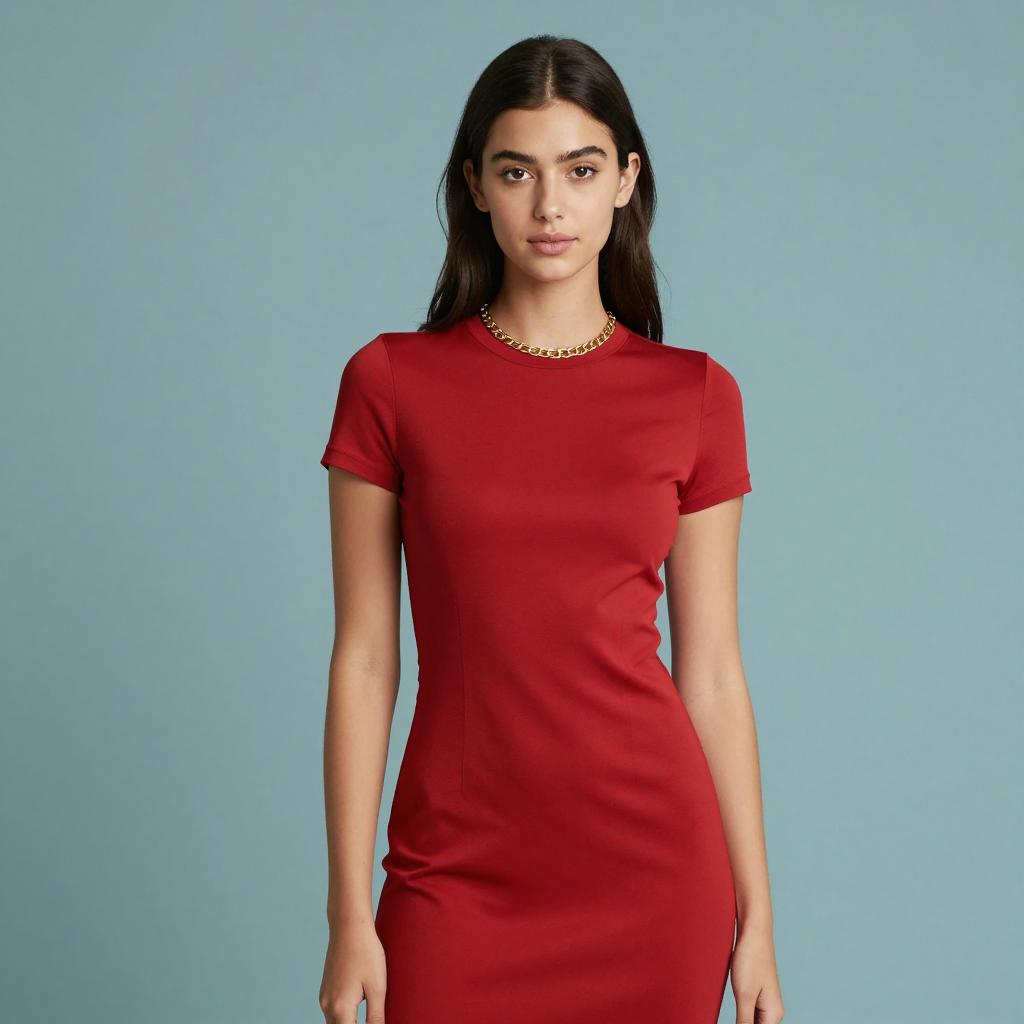 Confident Young Woman in Red Dress with Gold Chain Necklace