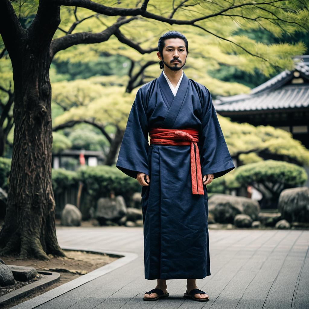 Man Wearing Traditional Dark Blue Kimono with Red Obi Belt in Japanese Garden
