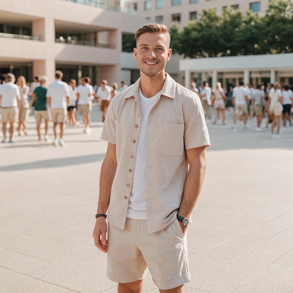 Stylish Man in Light Beige Outfit in Urban Setting