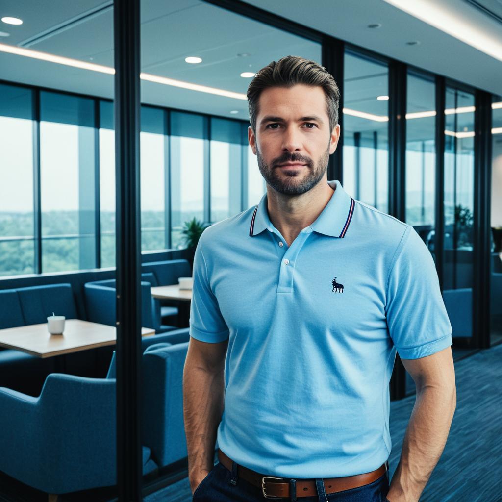 Confident Man in Light Blue Polo Shirt in Modern Office Setting