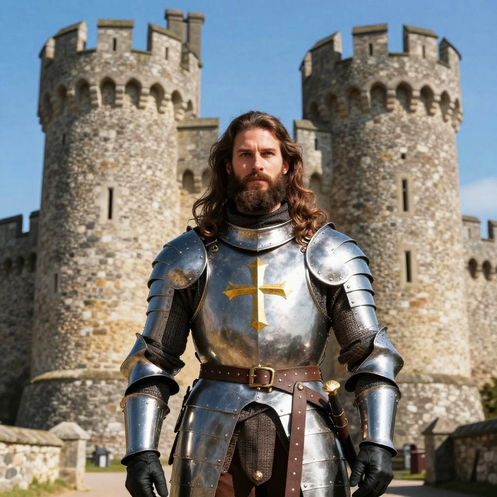 Medieval Knight in Full Armor Standing Outside Ancient Castle