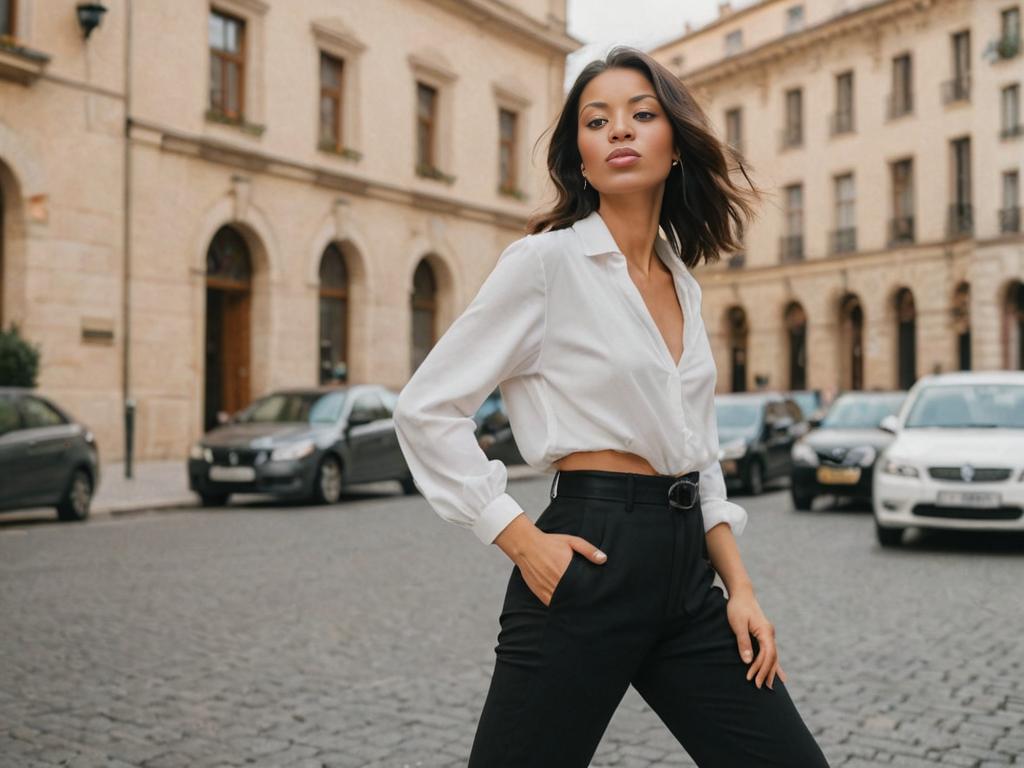 Confident Woman in Chic Outfit Against Urban Background