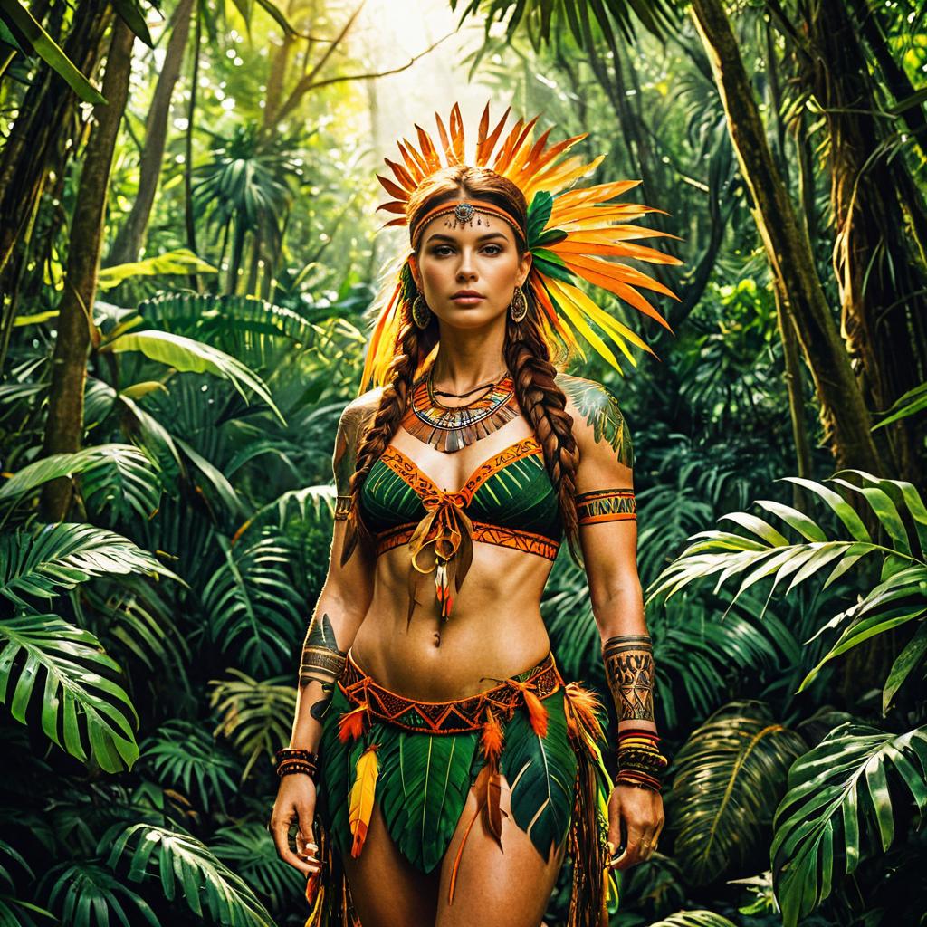 Tribal Woman in Vibrant Feathered Costume in Tropical Jungle
