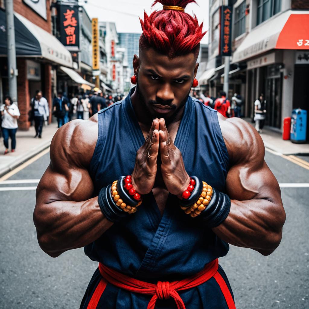Muscular Man Cosplaying Akuma in Street Fighter Style on Urban Street