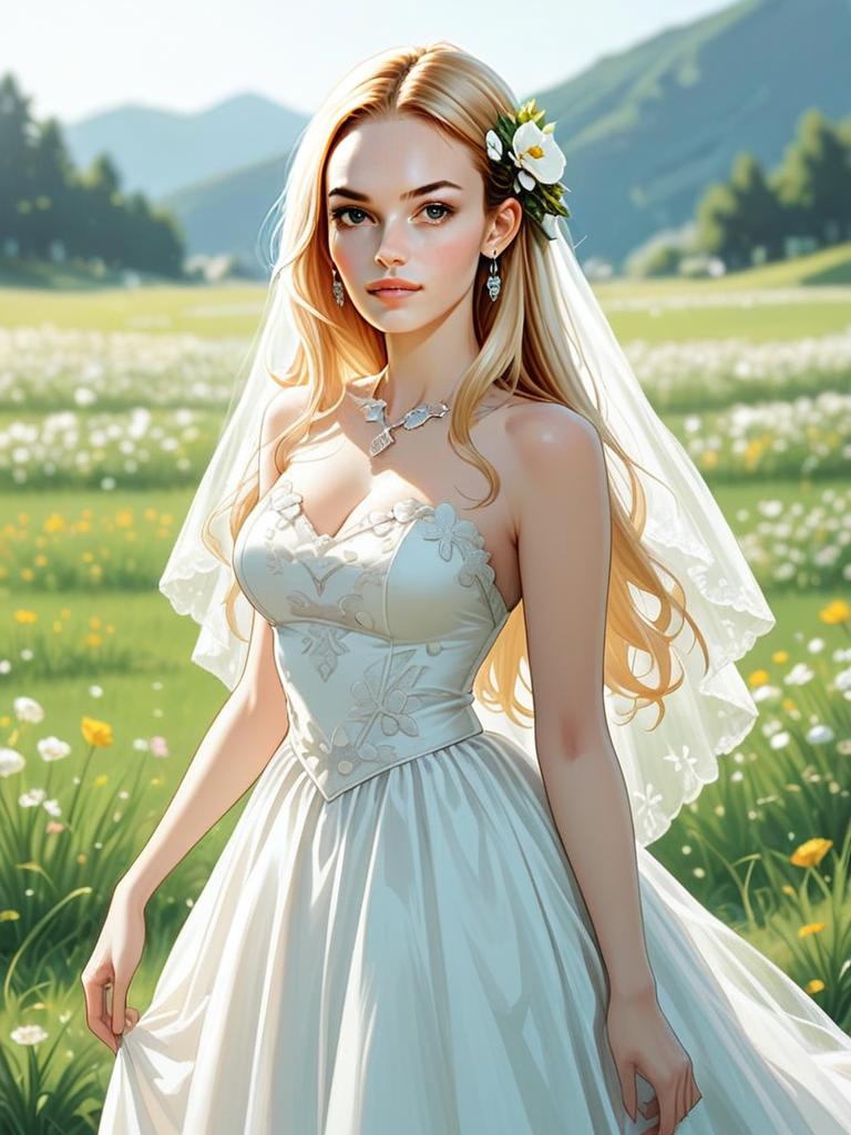 Elegant Blonde Bride in Embroidered Wedding Dress in Sunlit Meadow
