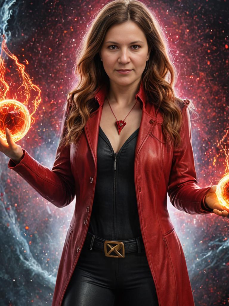 Woman Cosplaying Scarlet Witch with Fireballs