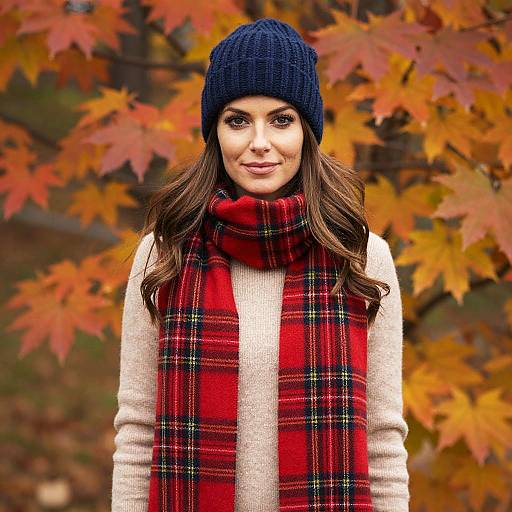 Woman Wearing Cozy Autumn Outfit with Red Plaid Scarf and Navy Beanie