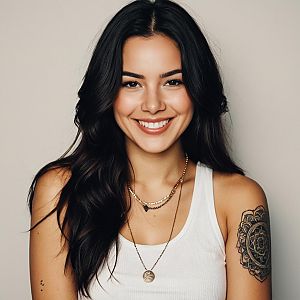 Smiling Young Woman with Long Dark Hair and Mandala Tattoo in White Tank Top