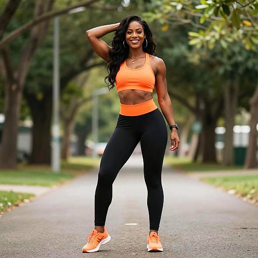 Fit Woman in Orange Sportswear Standing Outdoors on Path