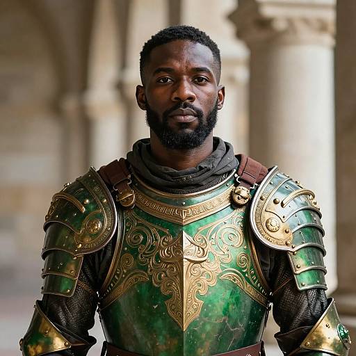 Man in Intricately Designed Green and Gold Medieval Armor