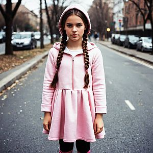 Confident girl in pink hooded dress on empty street