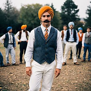 Men in Vintage Formal Attire with Orange Turban