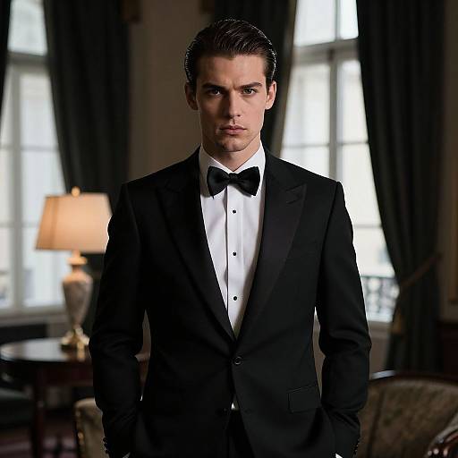 Young Man in Classic Black Tuxedo Bow Tie Formal Attire Indoor Portrait