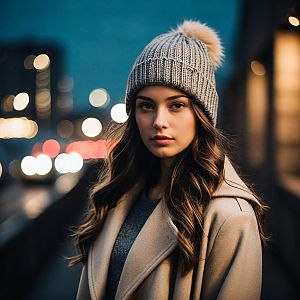 Young Woman in Gray Beanie and Beige Coat Outdoors