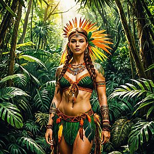 Tribal Woman in Vibrant Feathered Costume in Tropical Jungle