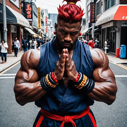 Muscular Man Cosplaying Akuma in Street Fighter Style on Urban Street