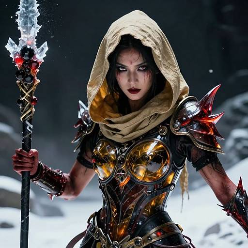 Dark Fantasy Woman Warrior in Spiked Armor with Crystal Staff in Snow