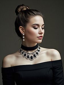 Elegant Woman in Black Dress with Statement Jewelry and Classic Bun Hairstyle