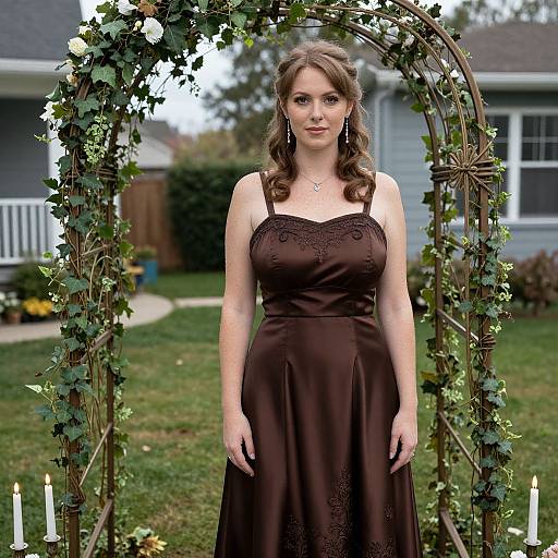 Elegant Woman in Brown Satin Dress Standing Under Floral Arch in Garden